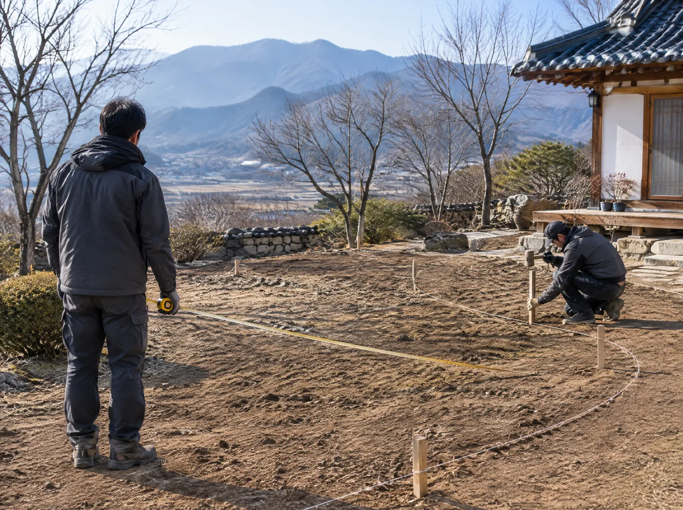 이른 봄 아침 빈 주택 마당을 줄자와 말뚝으로 재는 조경기사 두 명의 뒷모습과 옆모습(AI 예시 사진)