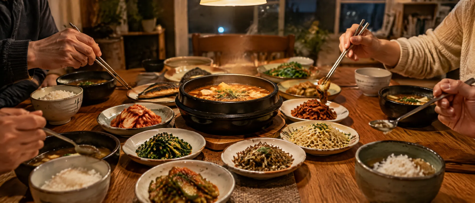 저녁 식탁에 반찬과 밥그릇이 차려져 있고 어른들이 수저를 드는 모습